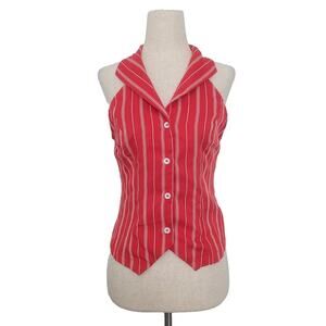 NWT Poeselle Pinstriped Button Up Vest Halter Top Sz XS Red Preppy Office Siren